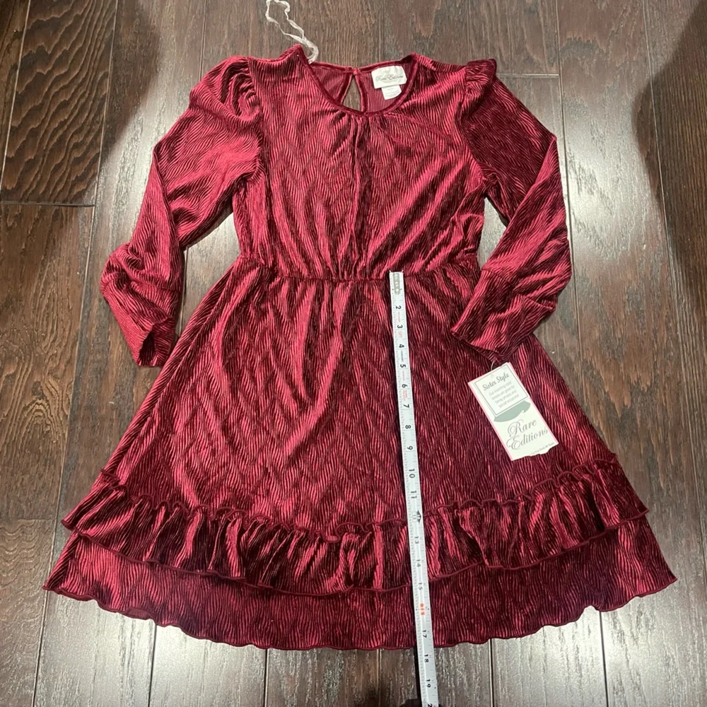 Rare Editions Textured Velvet Tiered Dress Girls Size 10 Burgundy Holiday NEW